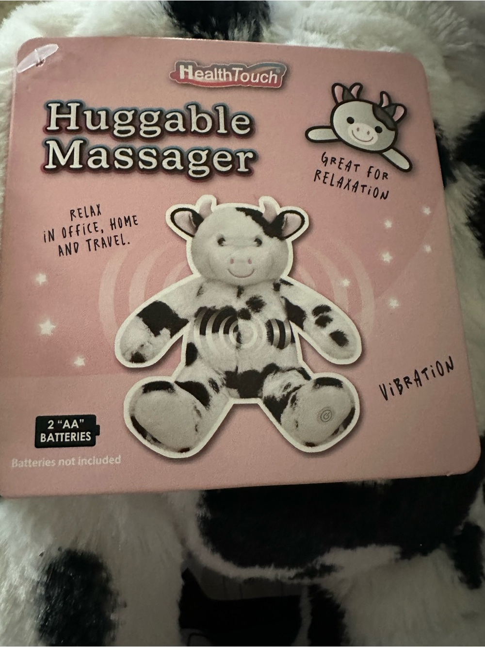 HealthTouch Huggable Massager Plush Cow - Pink Packaging - Black & White